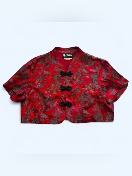 By Choice Tops - Vintage 90s Red Brocade Chinese Crop Jacket Peacock Motif Frog Closure Y2K XS